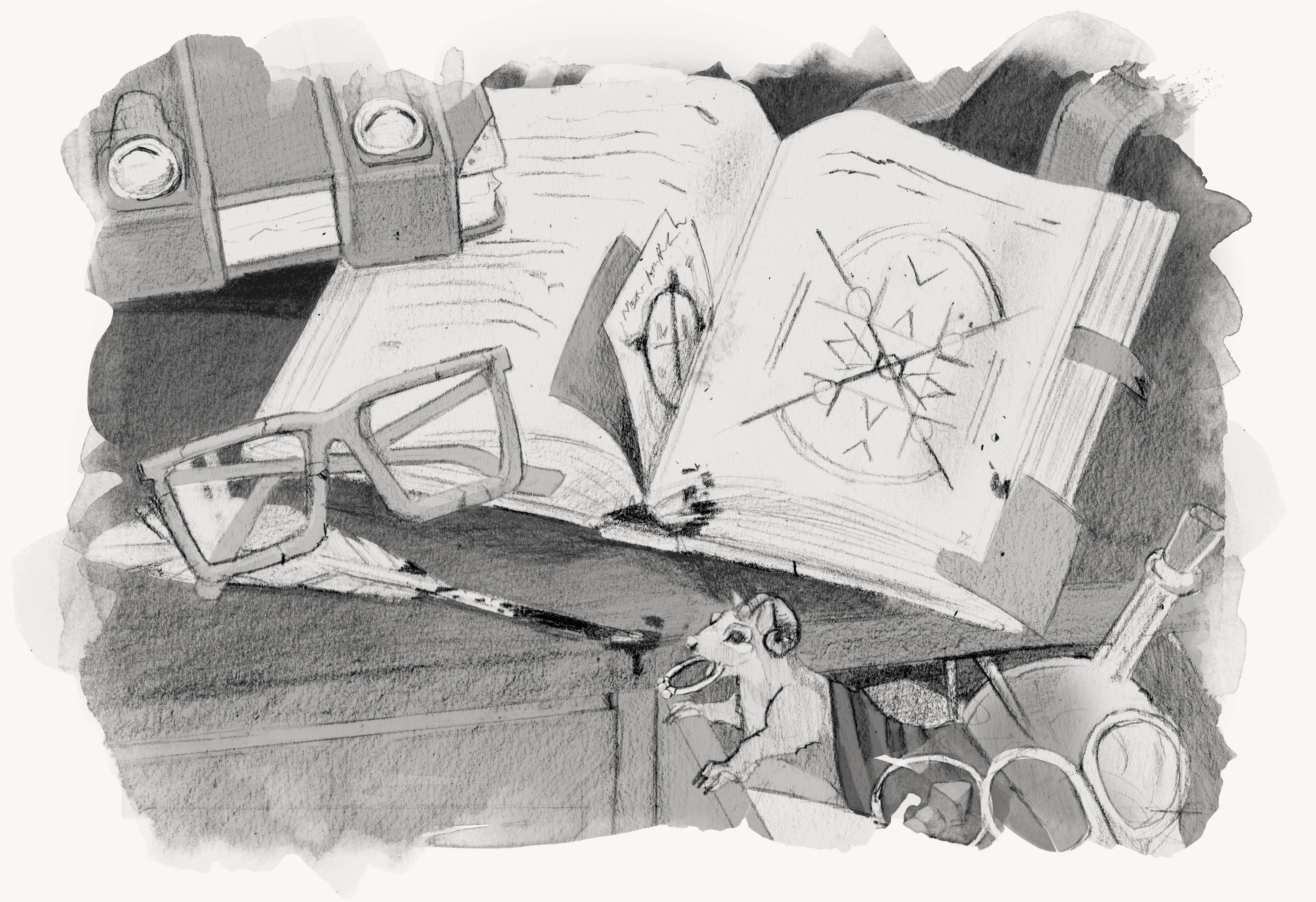 An illustration of a messy desk covered in a wizard’s belongings