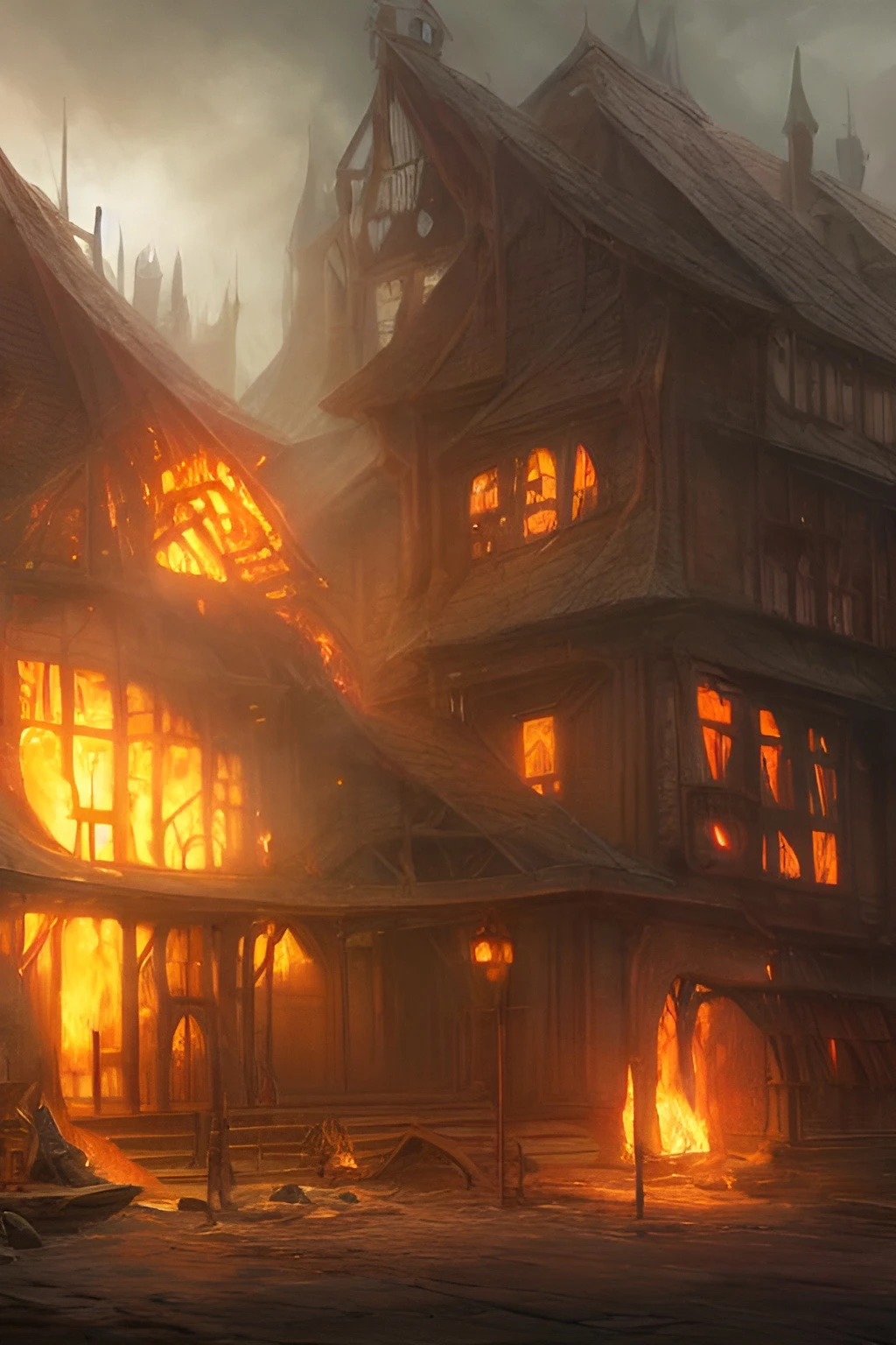 An illustration of a tavern, drawn in a fantasy style, burning to the ground