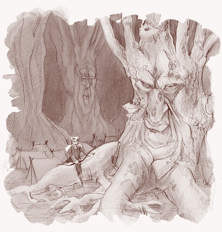 A ranger walks away from a camp, climbing over the roots of a tree with a human-like face